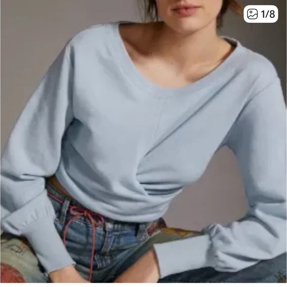 Anthropologie Womens L Light Blue Cropped Sweatshirt Long Sleeve Cotton Pullover